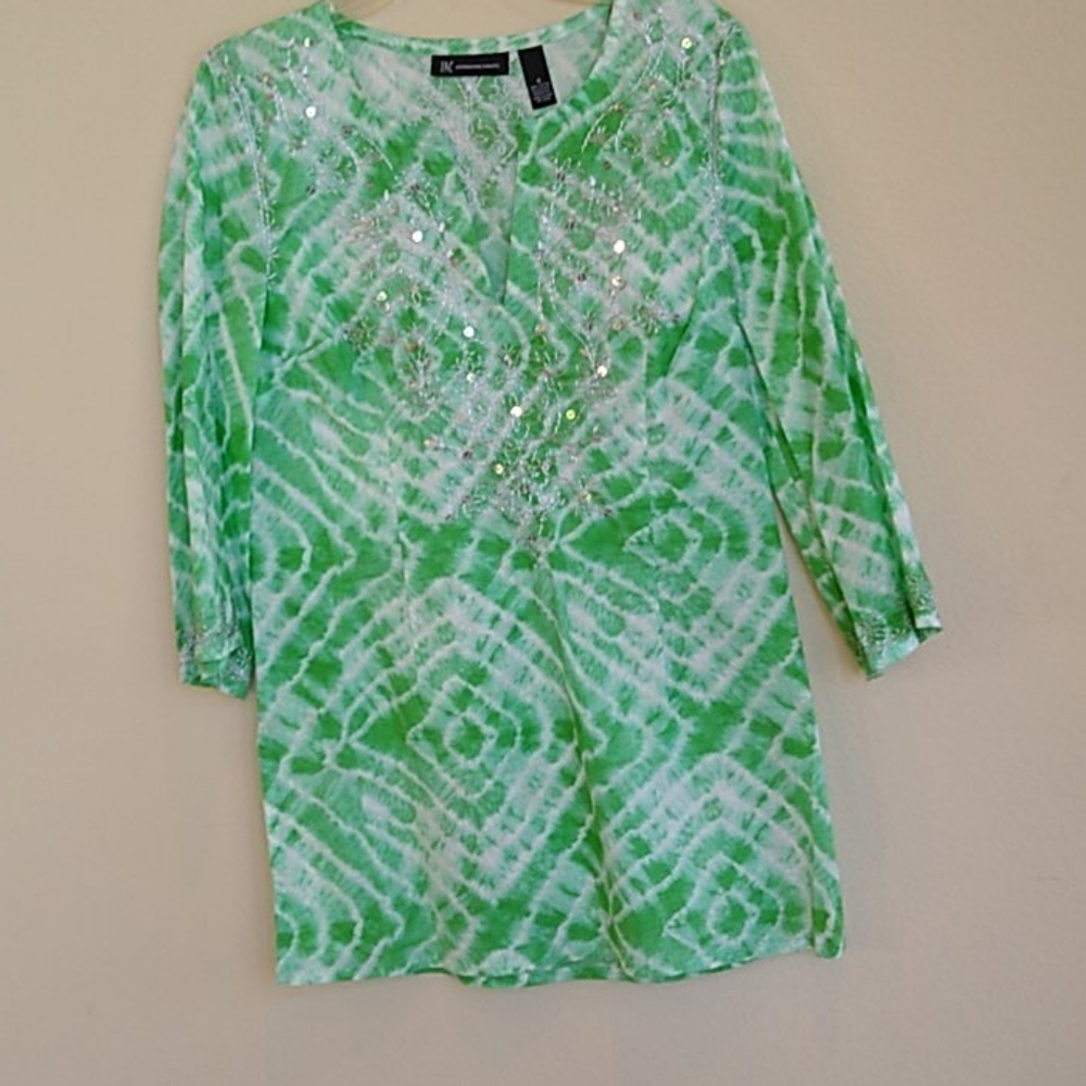 INC  Green & White Print Tunic w/ sequins